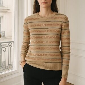 J Crew Merino Alpaca Wool Blend Tan Sequin Striped Sweater MEDIUM Holiday Winter